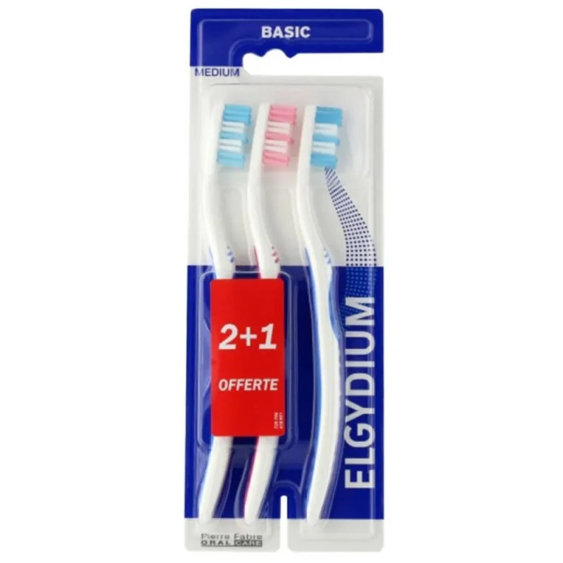 Elgydium – basic, brosse à dents trio, medium Lot de 3