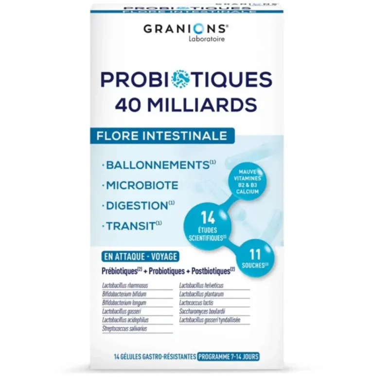 Granions Probiotiques Flore Intestinale Voyage - Format 7 Jours, 14 Gélules