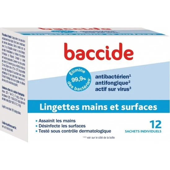 Baccide  12 lingettes mains et surfaces
