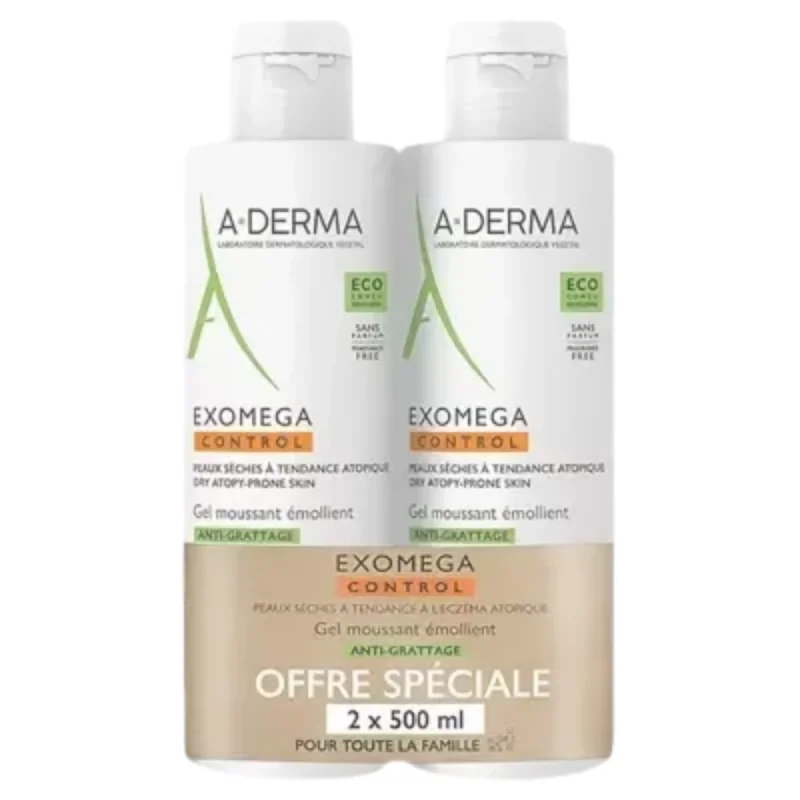 A derma Exomega Control Gel Moussant Émollient Anti-Grattage Lot de 2 x 500 ml