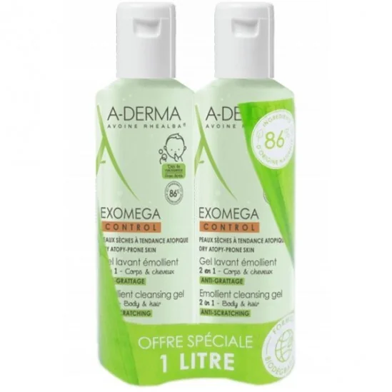 A-Derma exomega control gel lavant emollient corps et cheveux 2 en 1 2x500ml