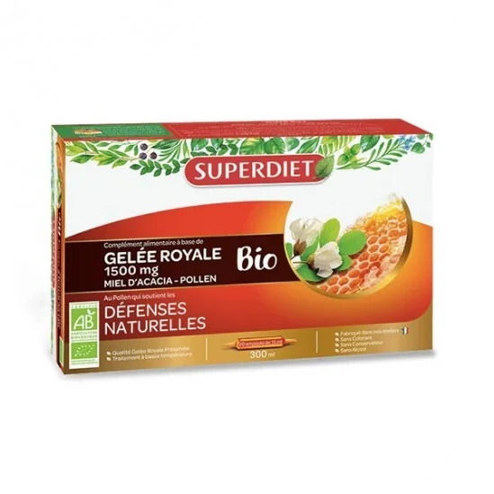 Superdiet gelée royale miel pollen bio 20 ampoules 15ml