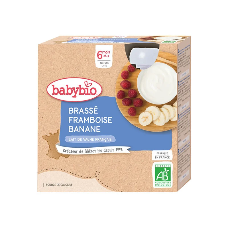 Babybio brassé framboise banane pack de 4 gourdes de 85g
