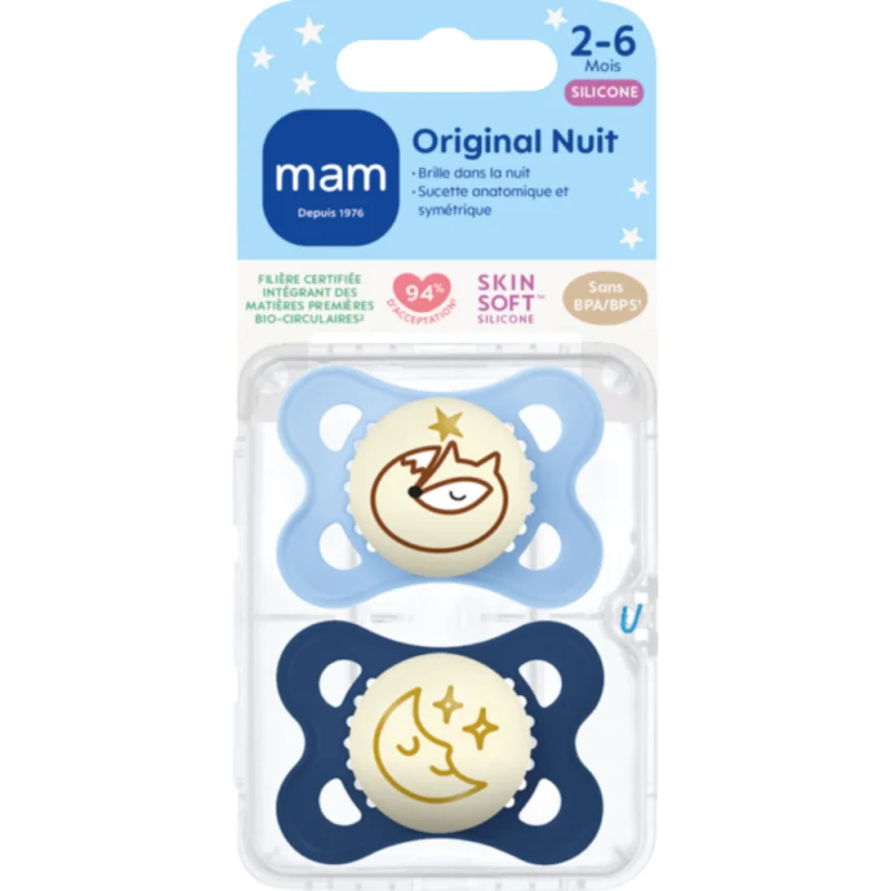 MAM Original Nuit 2–6 Mois – Sucettes Silicone Phosphorescentes x2 - Motifs Aléatoires