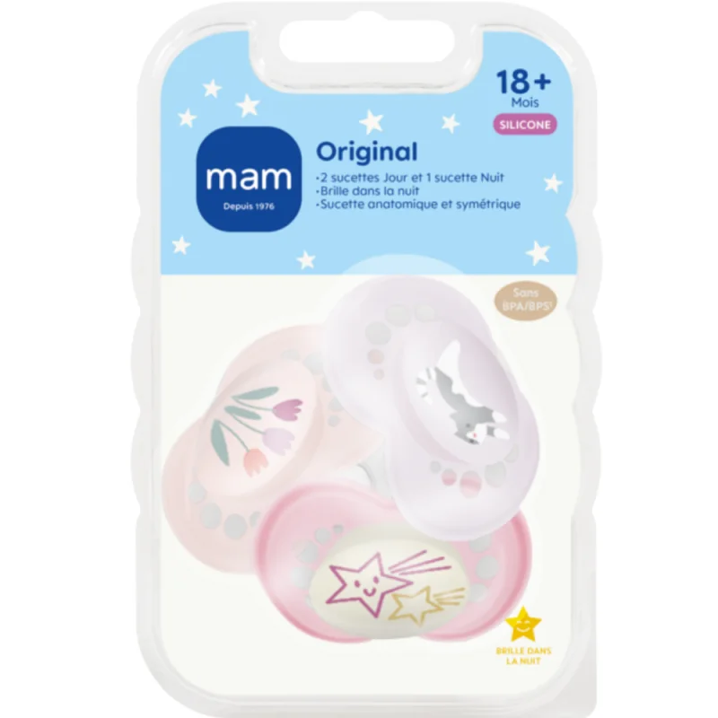 MAM Original 18+ mois – Sucettes Jour & Nuit en silicone x3 - Coloris Rose