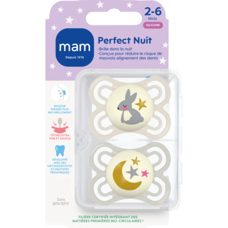 MAM Perfect Nuit 2-6 mois – Sucettes Nuit en silicone x2 - Motifs aléatoires