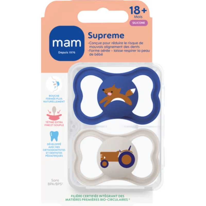MAM Supreme Silicone 18 Mois+ – Sucette Physiologique Aérée x 2 - Motifs Aléatoires