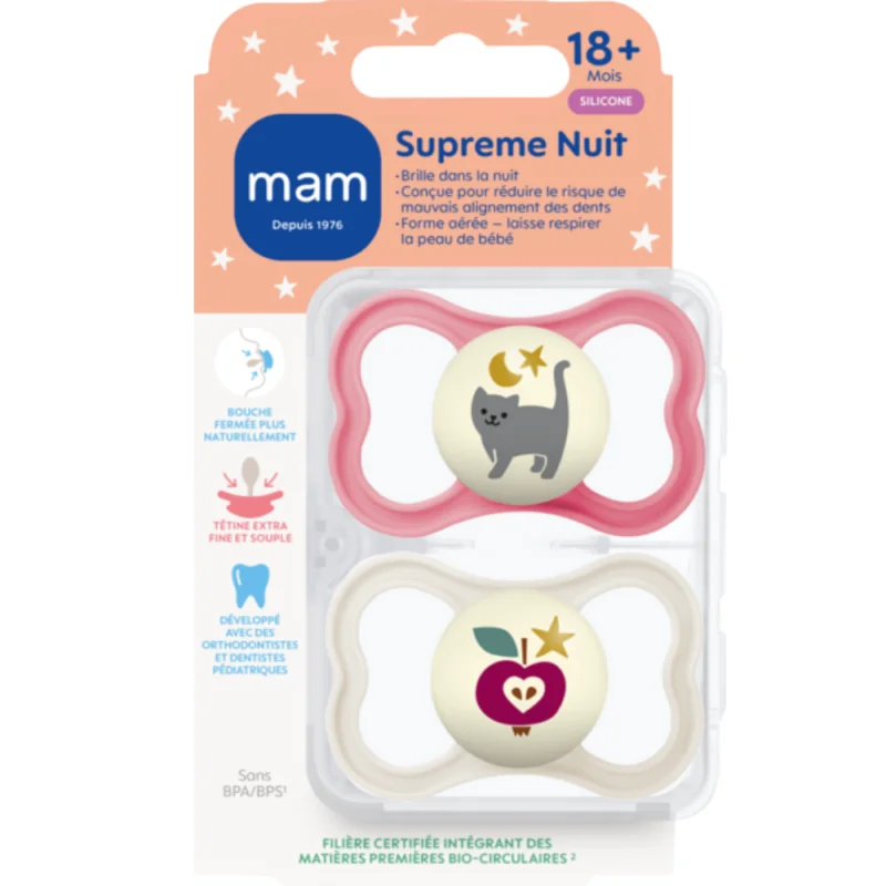 MAM Supreme Nuit Silicone 18 Mois+ – Sucette Physiologique x2 - Motifs Aléatoires