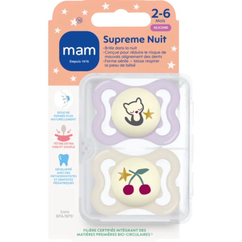 MAM Supreme Nuit 2-6 Mois – Sucettes Silicone Nuit x2 - Motifs aléatoires