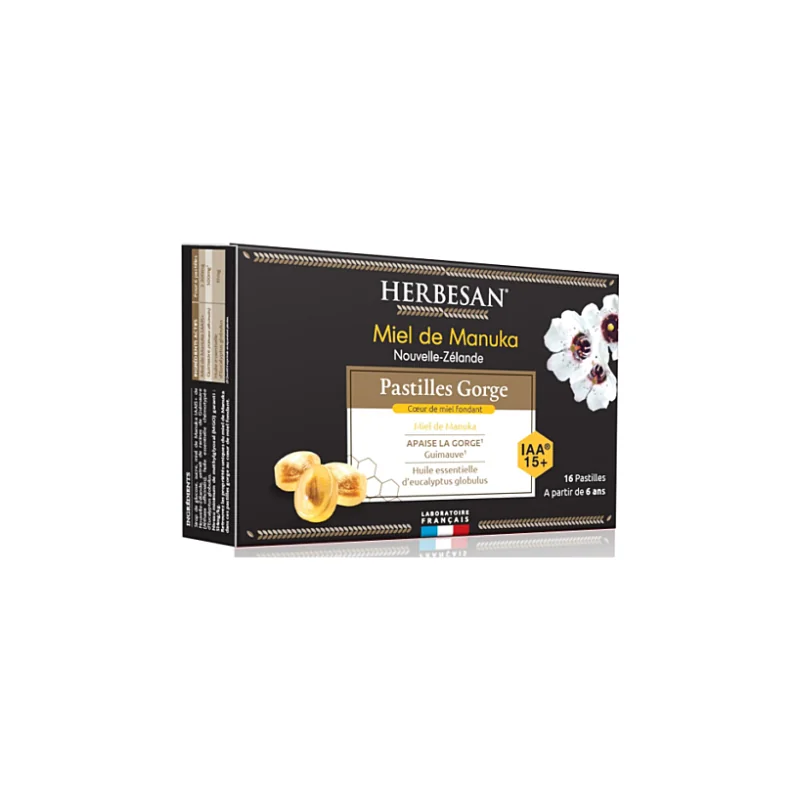 Herbesan Pastilles Gorge Miel de Manuka Coeur Fondant IAA15+ - Boîte de 16 Pastilles