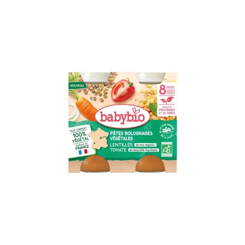 Babybio Pâtes Bolognaises Végétales Lentilles Tomate 8 Mois et + Bio 2 Pots de 200 g