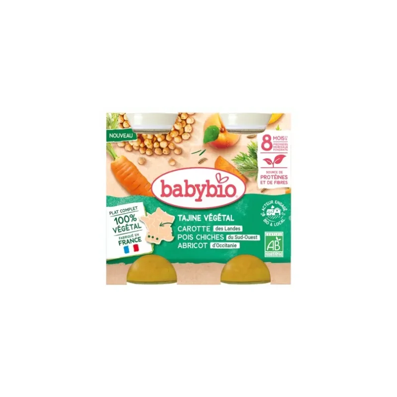 Babybio Tajine Végétal Carotte Pois Chiches Abricot 8 Mois et + Bio 2 Pots de 200 g