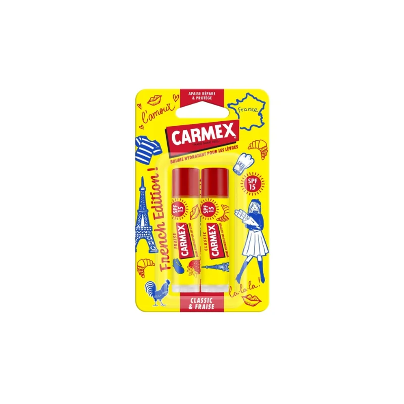 Carmex Baumes à Lèvres Hydratants Classic et Fraise SPF15, 2×4,25g