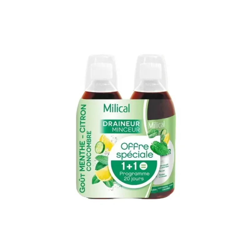 Milical Draineur Minceur Ultra Lot de 2 x 500 ml - Saveur : Menthe-Citron-Concombre