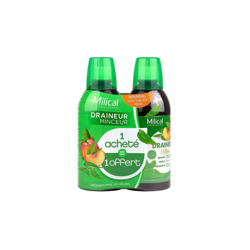 Milical Draineur Minceur Ultra Lot de 2 x 500 ml - Saveur : Thé vert / Pêche