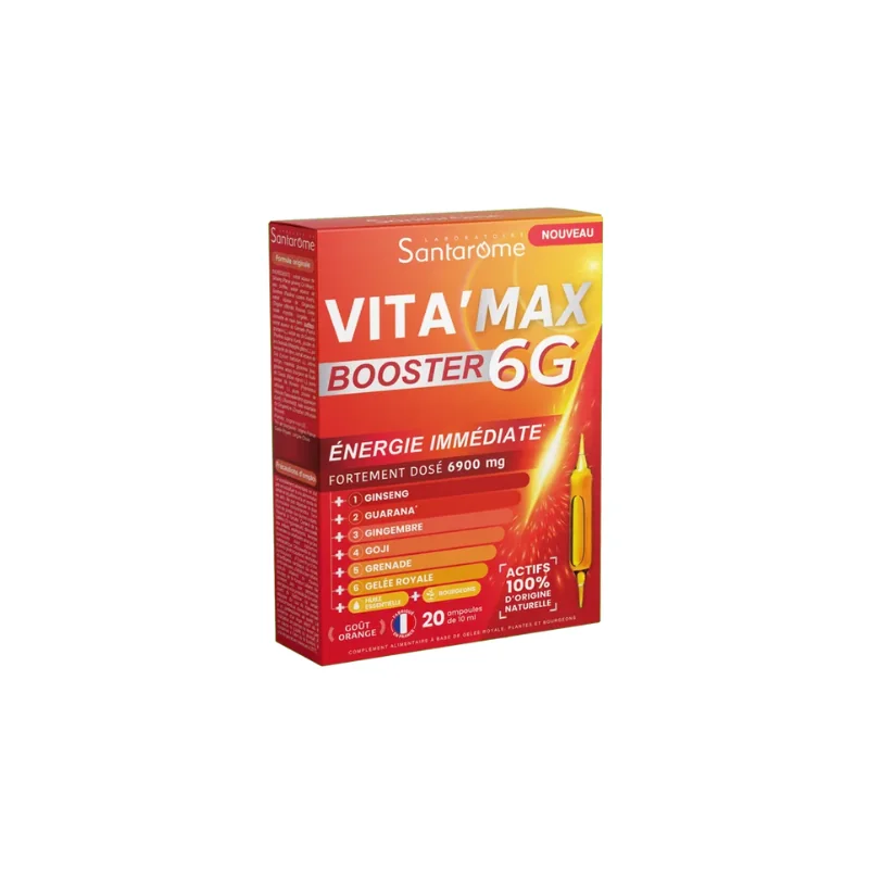 Santarome VITA'MAX - Booster 6G Anti Fatigue Fortement Dosé, 20 Ampoules