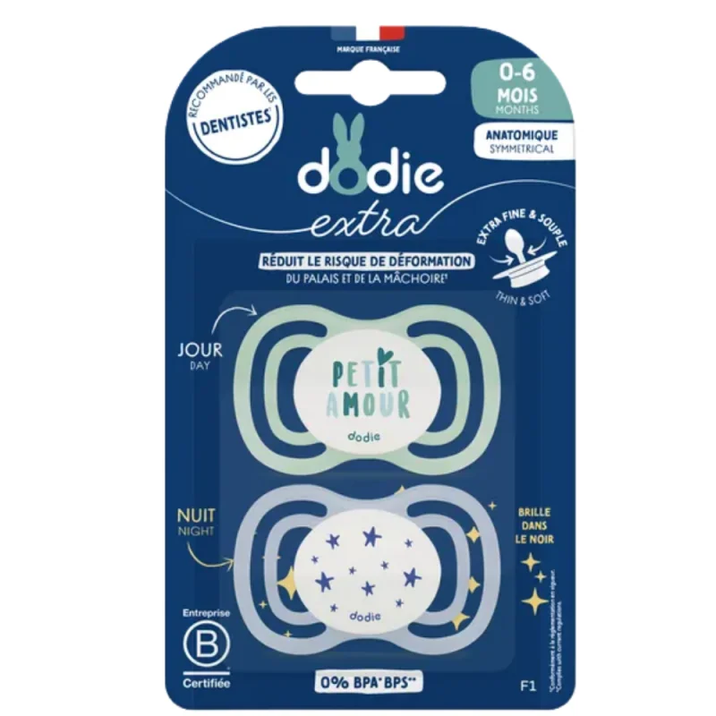 Dodie Sucettes Anatomiques Extra Jour Nuit 0-6 mois x2 - Motifs aléatoires