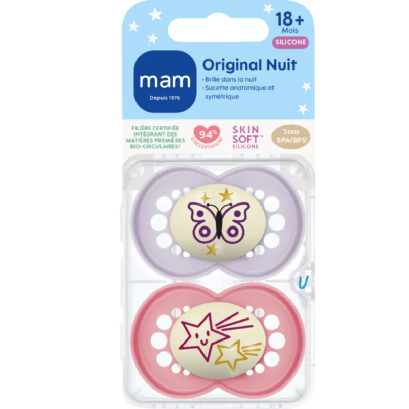 MAM Original Nuit Silicone 18 Mois+ – Sucette Anatomique Lumineuse – Lot de 2 - Motifs Aléatoires