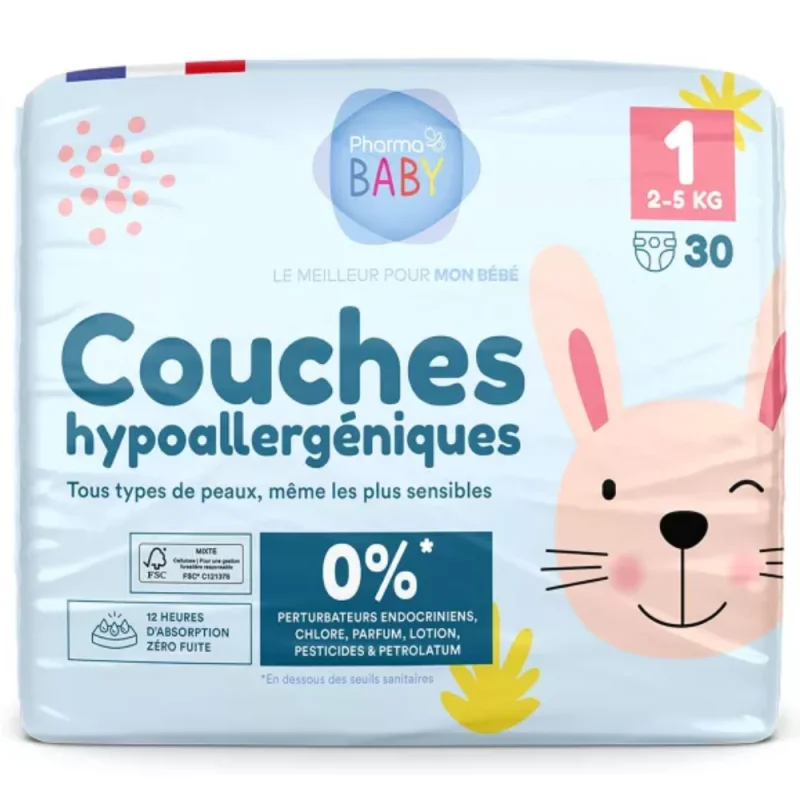 Pharmababy 30 couches hypoallergéniques 2-5kg toute peau taille 1