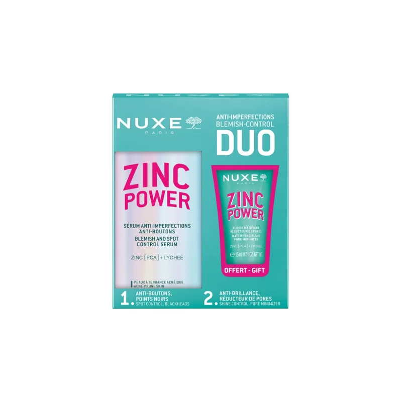 Nuxe Zinc Power Sérum Anti-Imperfections Anti-Boutons 30 ml + Fluide Matifiant Réducteur de Pores 15 ml Offert