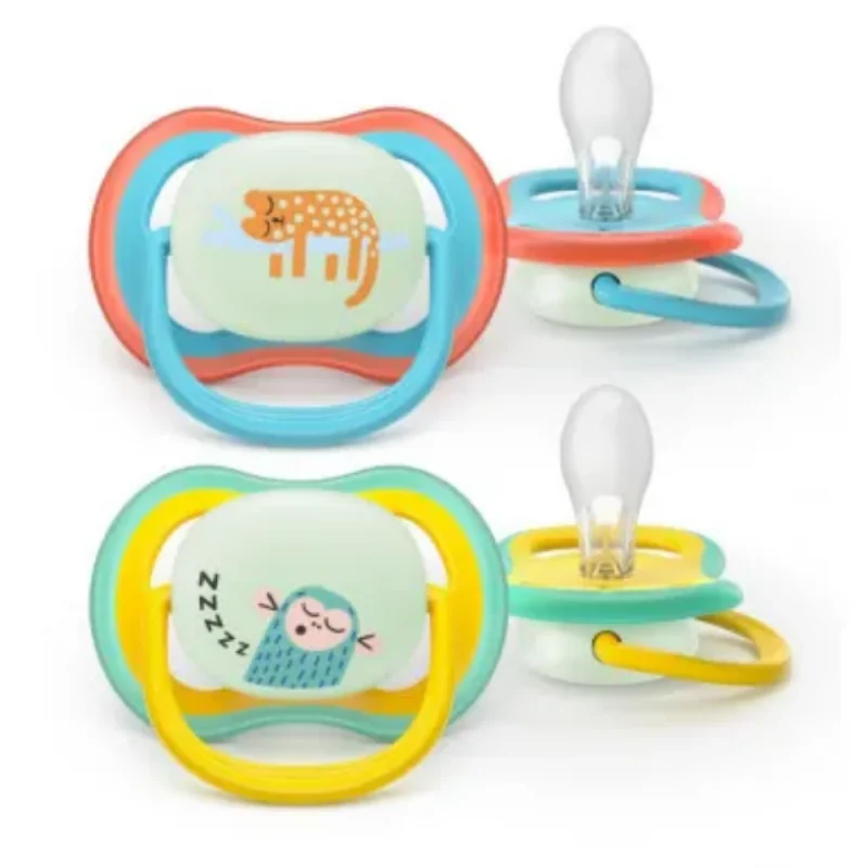 AVENT ULTRA AIR NIGHT TIME - Sucettes Orthodontiques - Animaux Bleu et Jaune - 18 Mois et Plus, 2 Sucettes