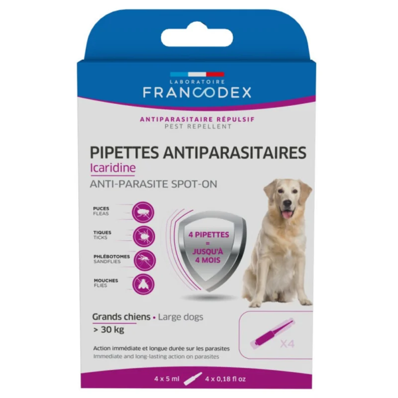 Francodex 4 Pipettes 5ml Antiparasitaires Icaridine pour chiens de plus de 30kg