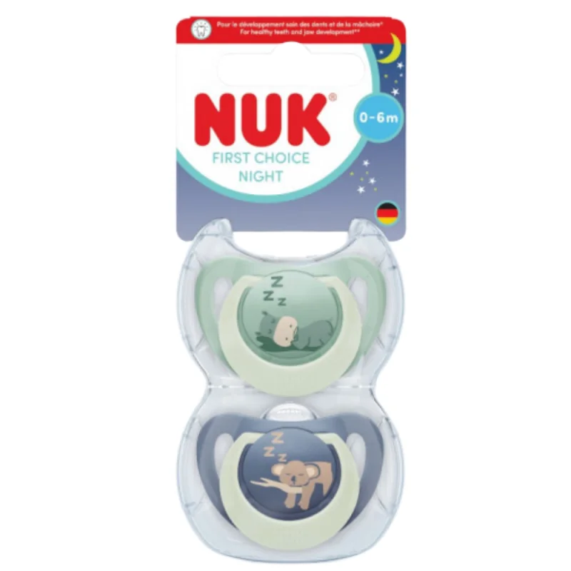 NUK First Choice Nuit – Lot de 2 sucettes physiologiques 0-6 mois, Hippo / Koala