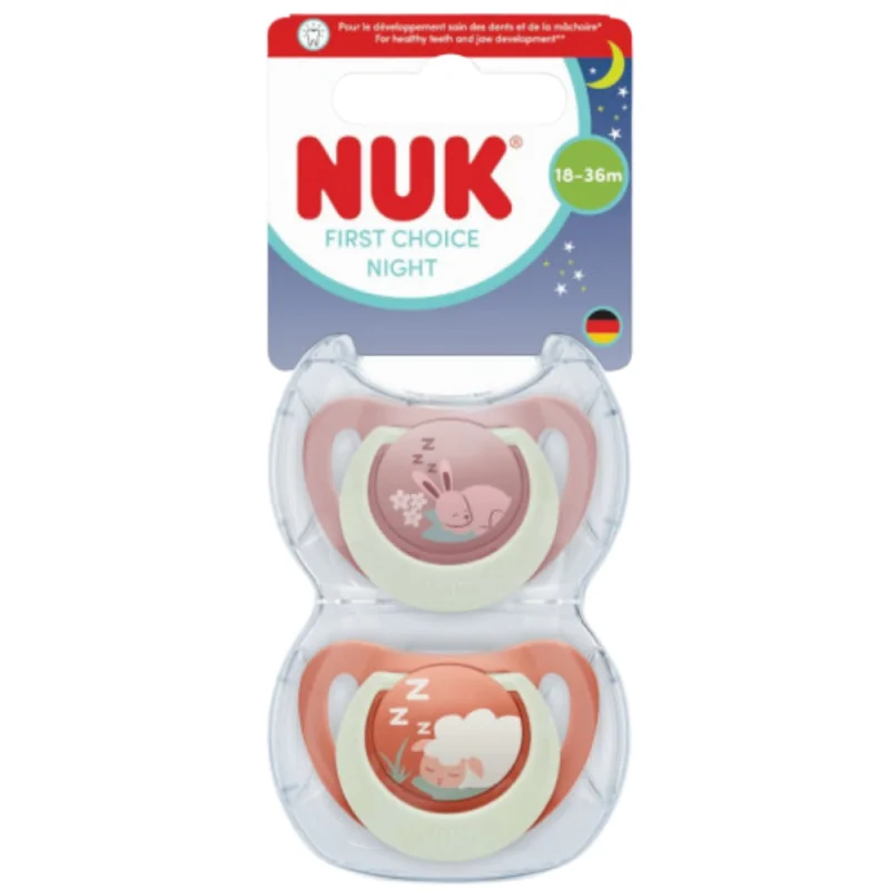 NUK First Choice Nuit – Lot de 2 sucettes physiologiques 18–36 mois, Lapin / Mouton