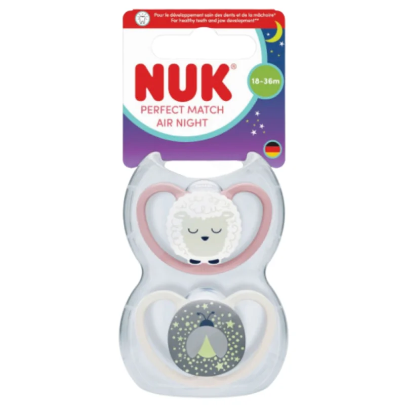 NUK Perfect Match Air Nuit – Lot de 2 sucettes physiologiques 18–36 mois